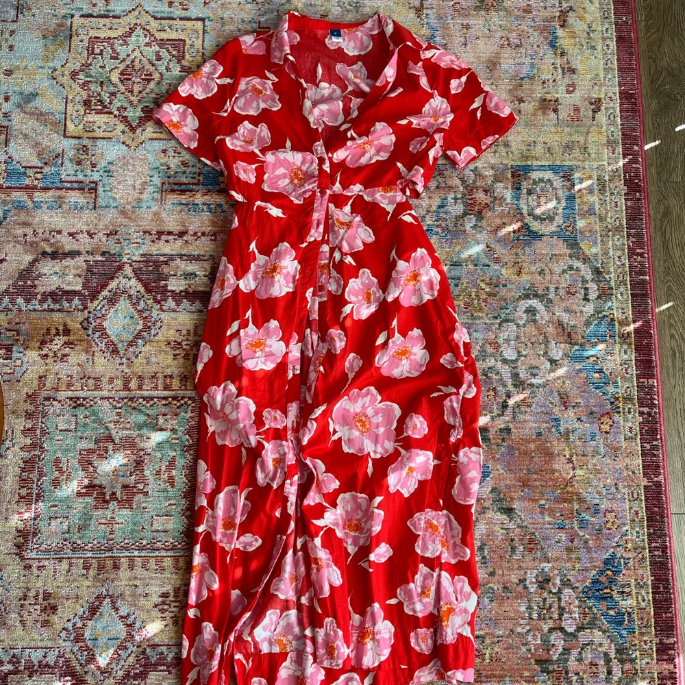 Floral Button Up Maxi Dress with pockets and side cut out
